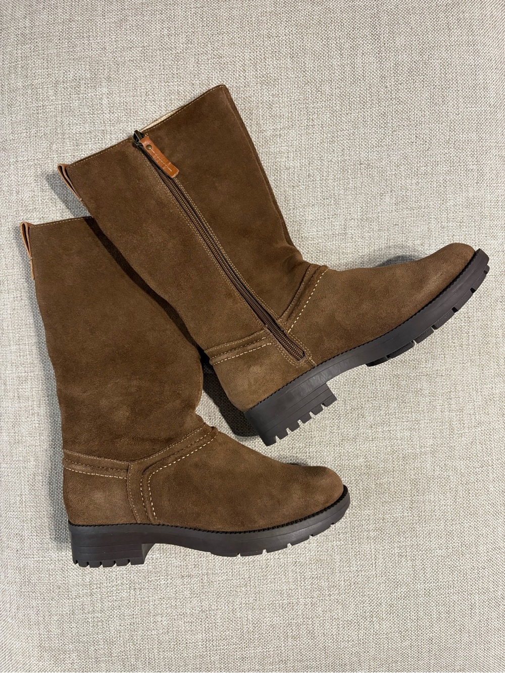 Revitalign Brown Suede Mid Calf Boots Women’s 6D Wide Side Zip Lug Sole